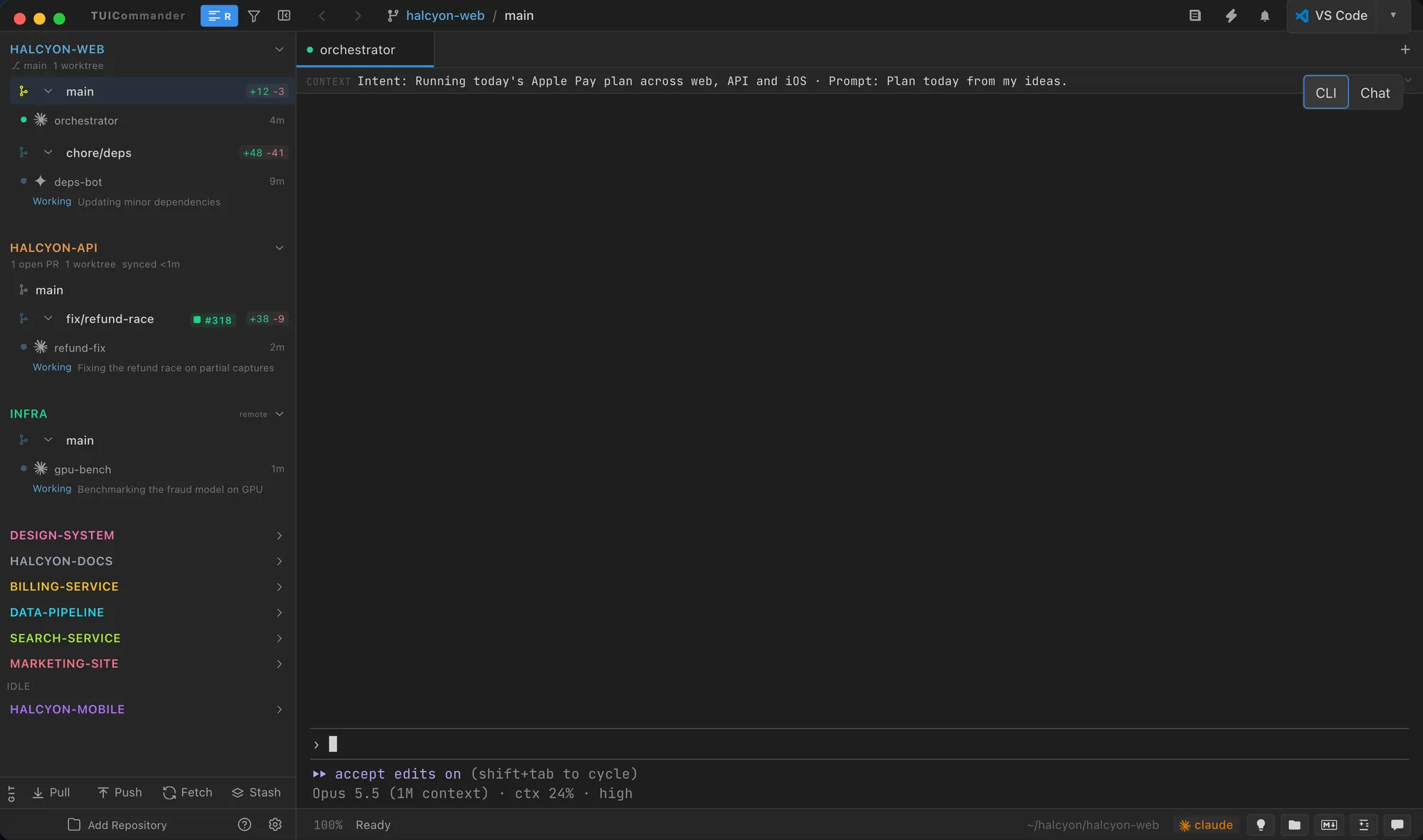 TUICommander sidebar with ten projects, branches and agent states