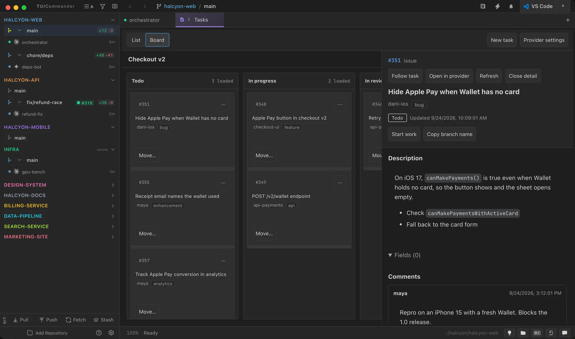 Tasks board with an issue's description and comments