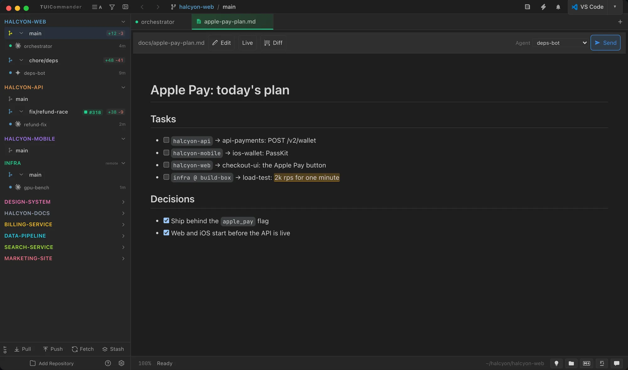 Markdown panel with a plan file and checkable tasks